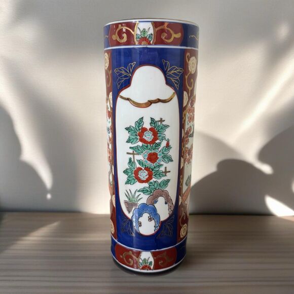 Gold Imari Cylinder Hand Painted Floor Table Vase Floral & Bird Design Japan 12" - Picture 1 of 7